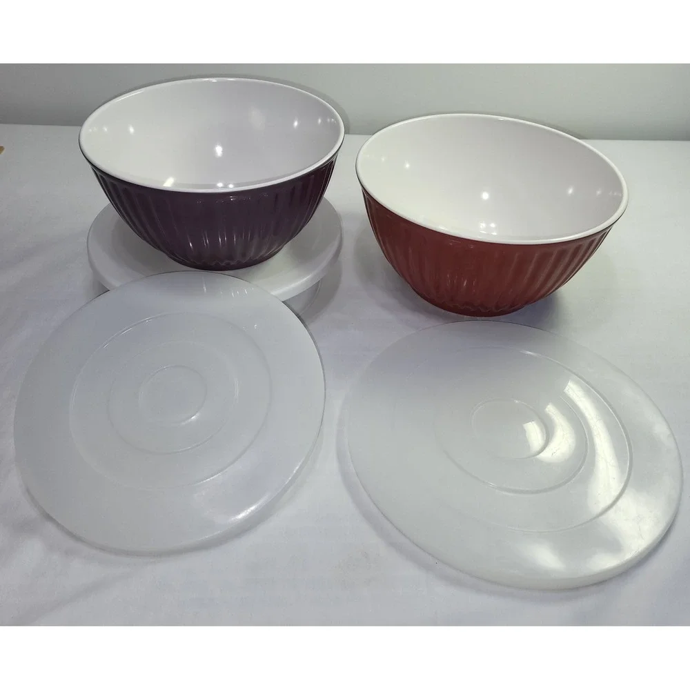 Melamine Mixing Bowl Set Purple Burnt Orange Fluted Ribbed with Lids 2pc